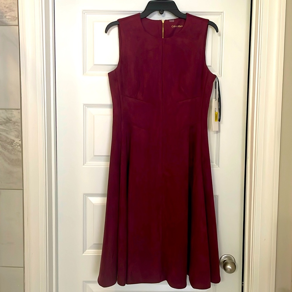 NWT Calvin Klein sz 6 burgundy red faux suede dress scuba fit and flare
